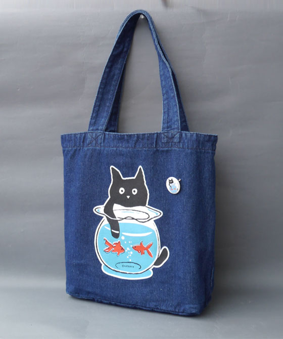 【猫柄】カツミアート（松下カツミ）デニムトートバッグ（大）：金魚鉢