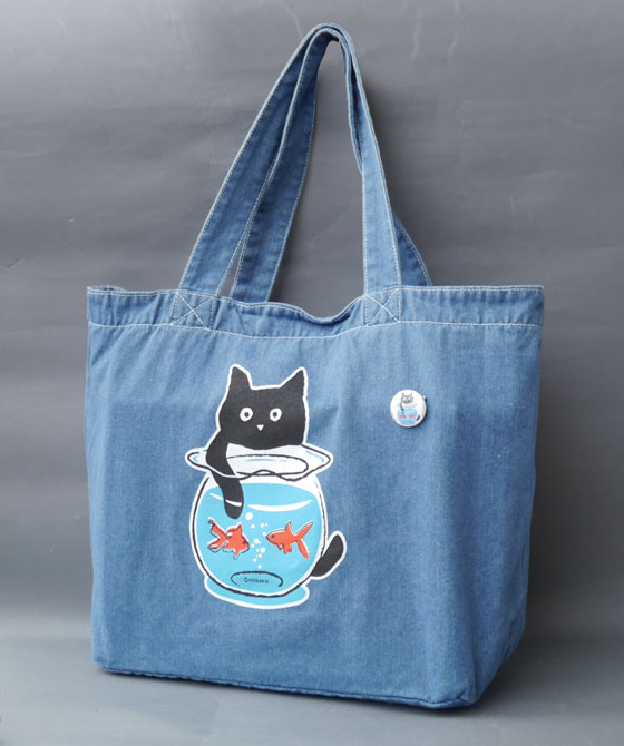 【猫柄】カツミアート（松下カツミ）デニムトートバッグ（特大）：金魚鉢