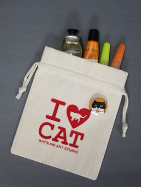 【猫柄】カツミアート（松下カツミ）猫柄きんちゃく袋：I LOVE CAT（使用例）