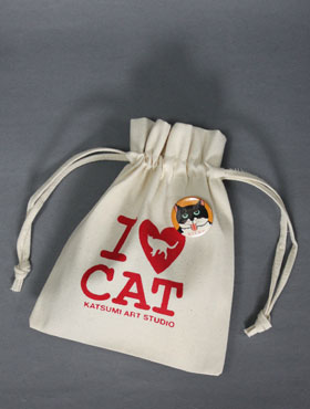 【猫柄】カツミアート（松下カツミ）猫柄きんちゃく袋：I LOVE CAT