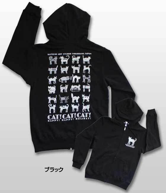 【猫柄】カツミアート（松下カツミ）メンズパーカー：CAT!CAT!CAT!（ブラック）