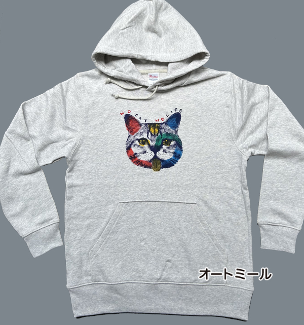 【猫柄】カツミアート（松下カツミ）メンズパーカー：ソラミミ（オートミール）