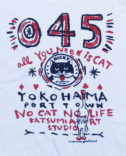 【猫柄】カツミアート（松下カツミ）T-シャツ：045 NICKY（ホワイト）（プリント）