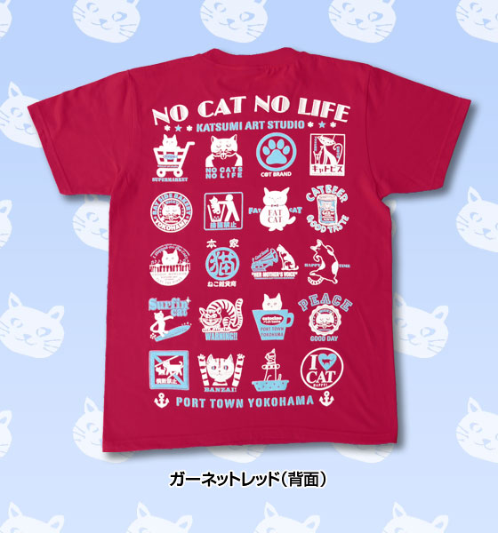 【猫柄】カツミアート（松下カツミ）T-シャツ：キャットオールスターズ （ガーネットレッド（背面））