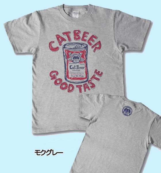 【猫柄】カツミアート（松下カツミ）T-シャツ：キャットビール（モクグレー）