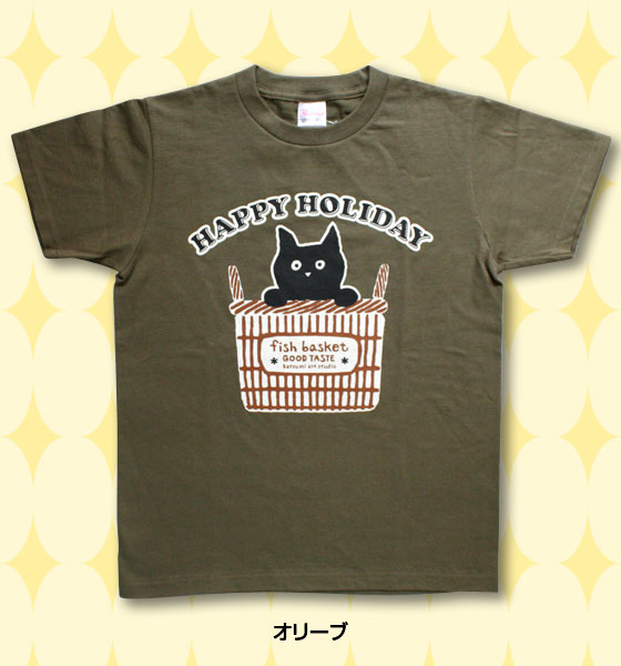 【猫柄】カツミアート（松下カツミ）T-シャツ：フィッシュバスケット（オリーブ）