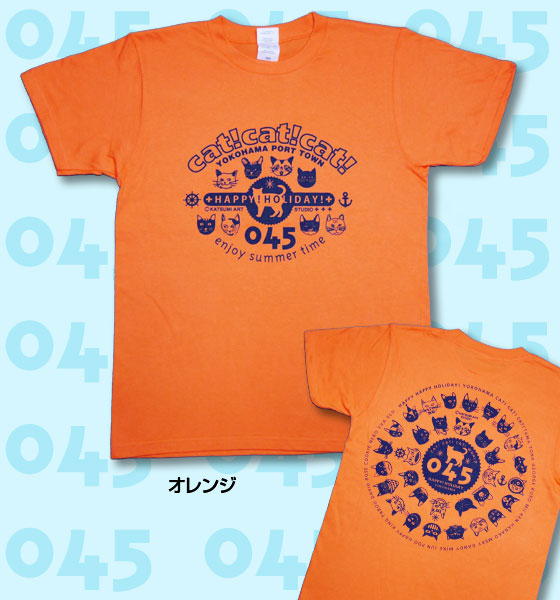 【猫柄】カツミアート（松下カツミ）T-シャツ：YOKOHAMA CAT 045（オレンジ）